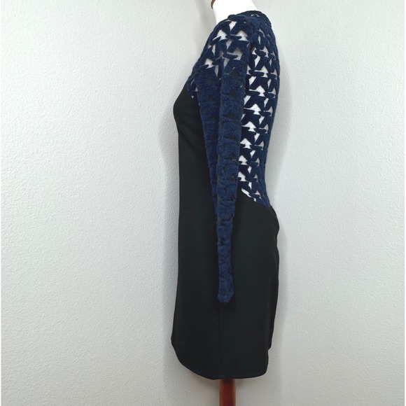 UKE. Bodycon Dress Sz 6 Made in Spain Lace Mesh Top Ponte Knit Bottom Navy Black - Picture 3 of 11